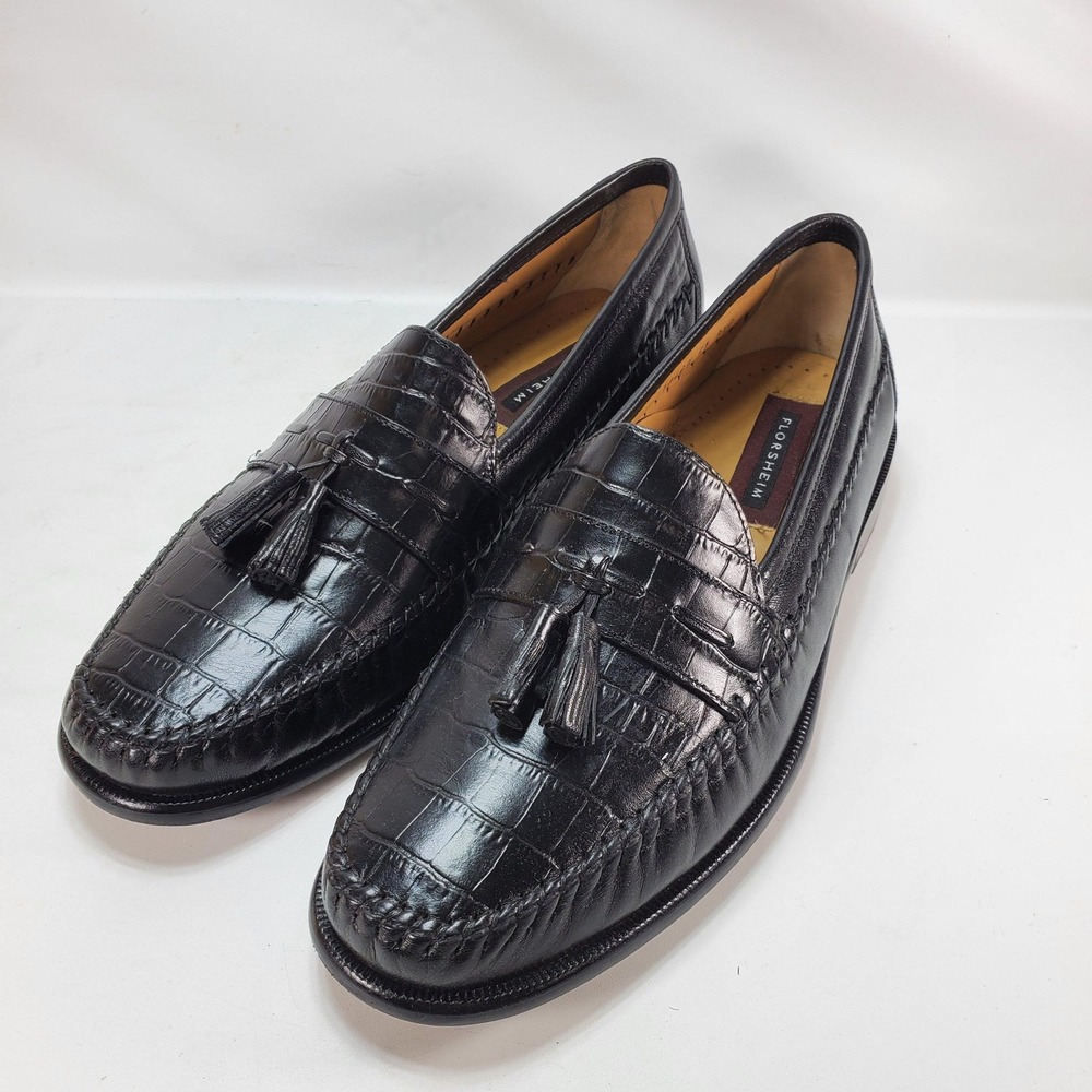 Florsheim Tassel Loafers Men 9.5 D Black Croc Embossed Leather Dress Shoes 18469